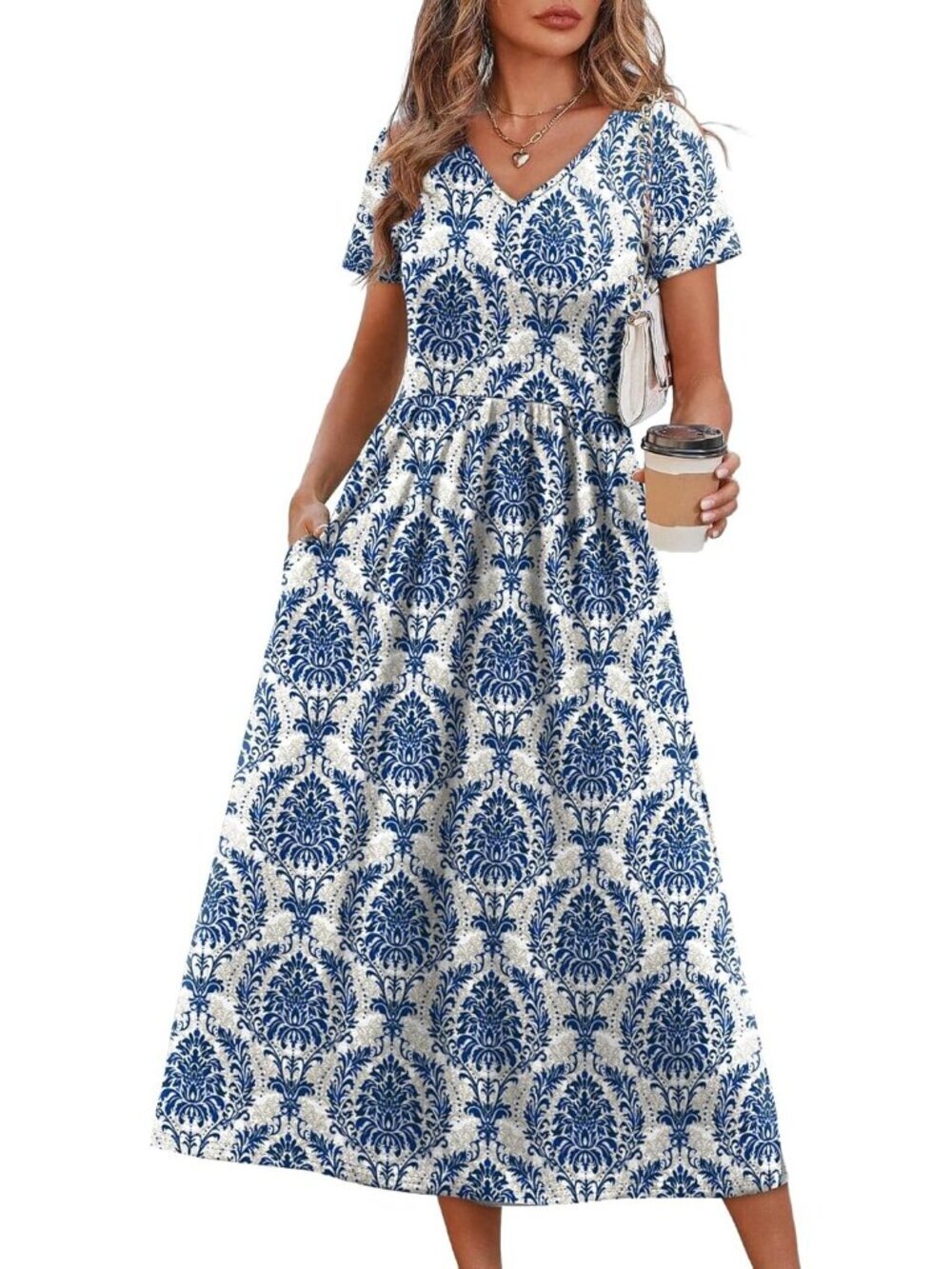 Women's Blue Damask Print Flowy Casual A Line Midi Beach Sundresses With Pocket